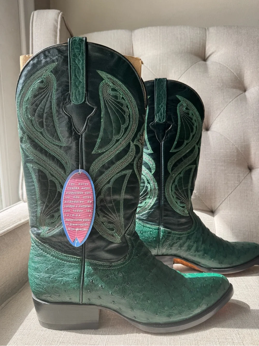 Cuadra Men’s Green Full Quill Ostrich Western Cowboy Boots Size 8 Leather Sole